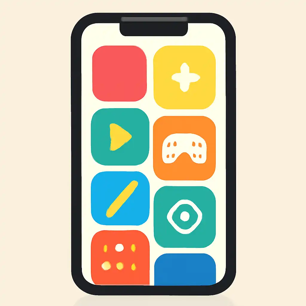 Smartphone shown from the front displaying a colourful flat layout of abstract game icons and rounded tiles (no text, no letters, no labels), Parimatch