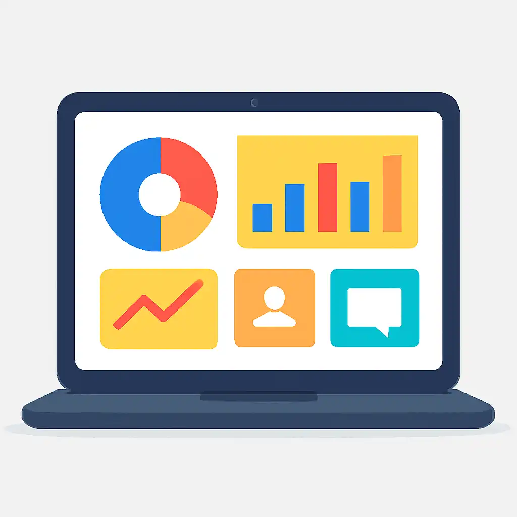 Laptop shown from the front displaying a colourful flat dashboard of abstract charts, bars and icon tiles (no text, no letters, no labels), Parimatch