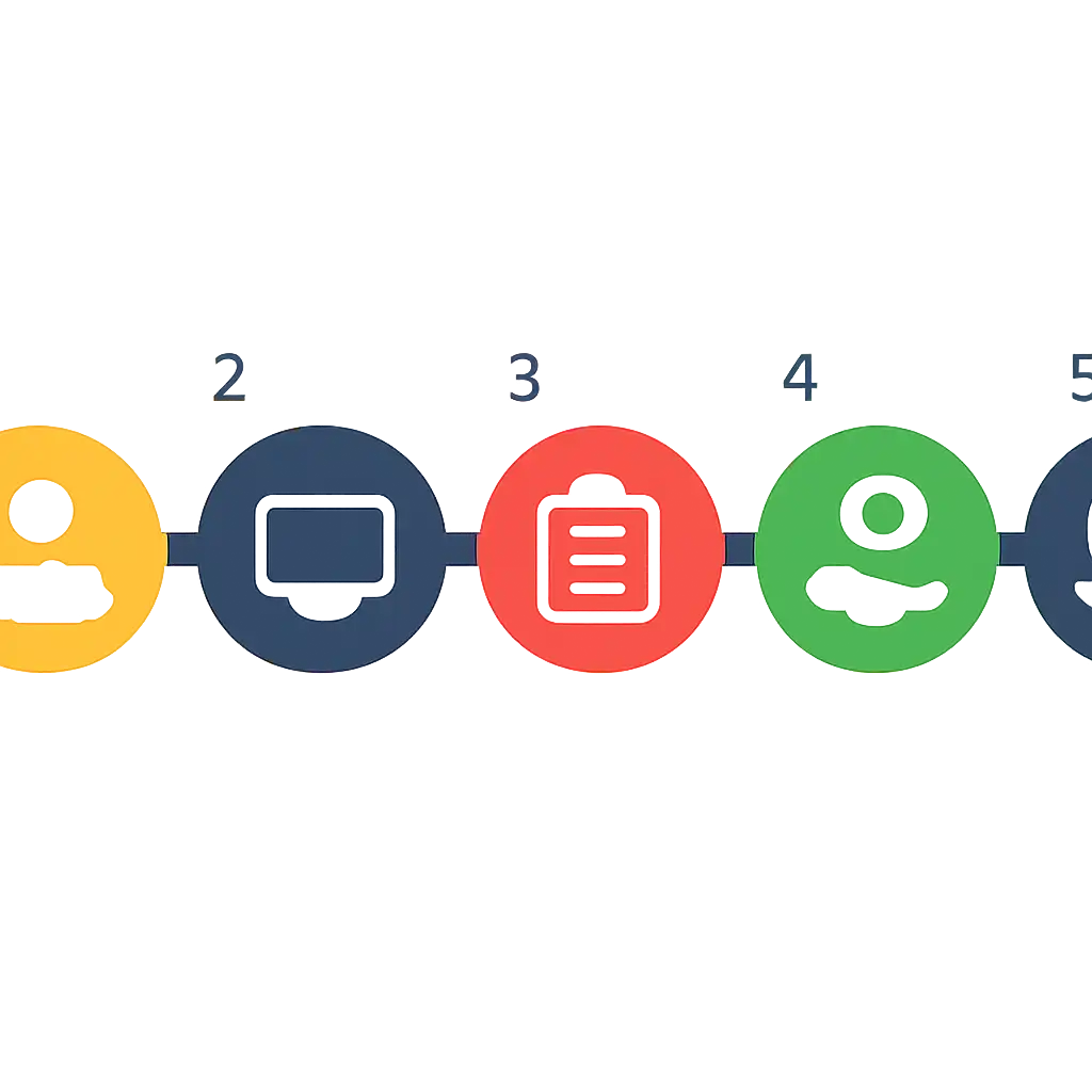 Five numbered circular icons connected by arrows in a horizontal flow, flat illustration, icons only, no words, Parimatch steps