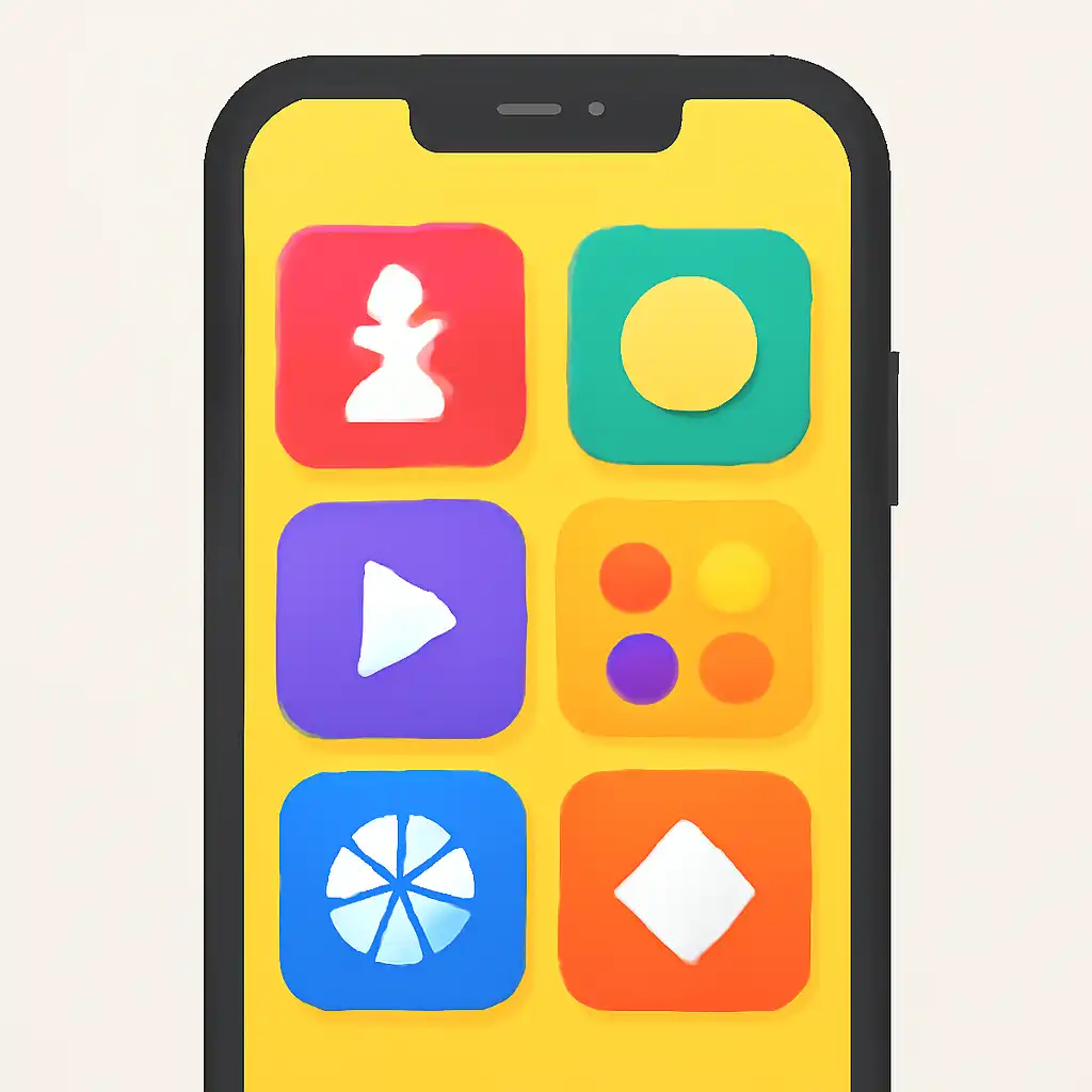 Smartphone shown from the front displaying a colourful flat layout of abstract game icons and rounded tiles (no text, no letters, no labels), Parimatch App for Android and iOS: Download and Install