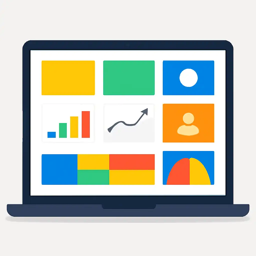 Laptop shown from the front displaying a colourful flat dashboard of abstract charts, bars and icon tiles (no text, no letters, no labels), Parimatch App for Android and iOS: Download and Install