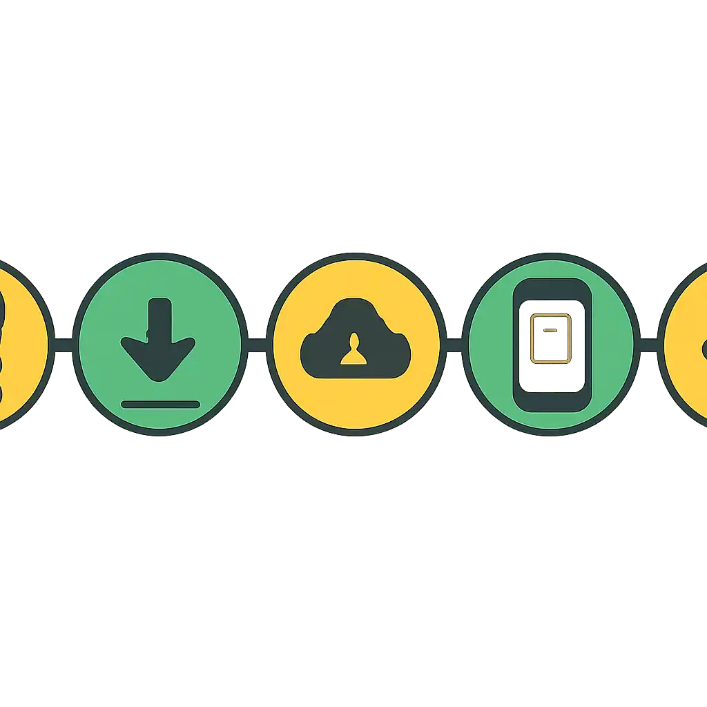 Five numbered circular icons connected by arrows in a horizontal flow, flat illustration, icons only, no words, Parimatch App for Android and iOS: Download and Install steps