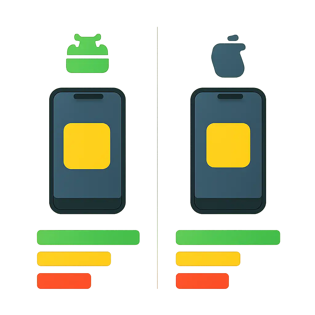 Infographic comparing options using coloured bars and icons only, no text or labels, flat design, Parimatch App for Android and iOS: Download and Install