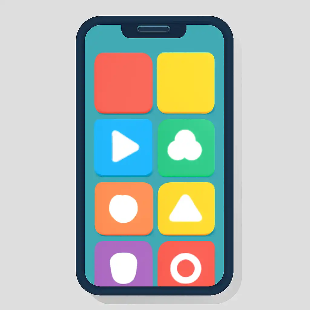 Smartphone shown from the front displaying a colourful flat layout of abstract game icons and rounded tiles (no text, no letters, no labels), Parimatch Login in India: Steps and Common Errors