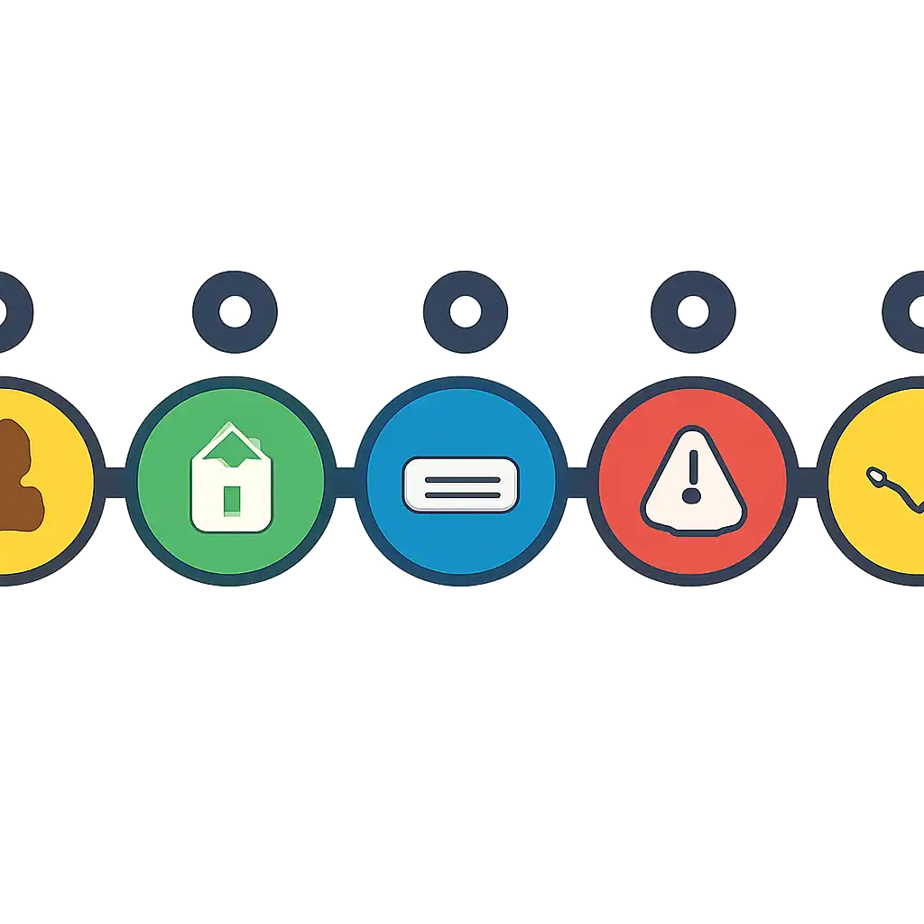Five numbered circular icons connected by arrows in a horizontal flow, flat illustration, icons only, no words, Parimatch Login in India: Steps and Common Errors steps