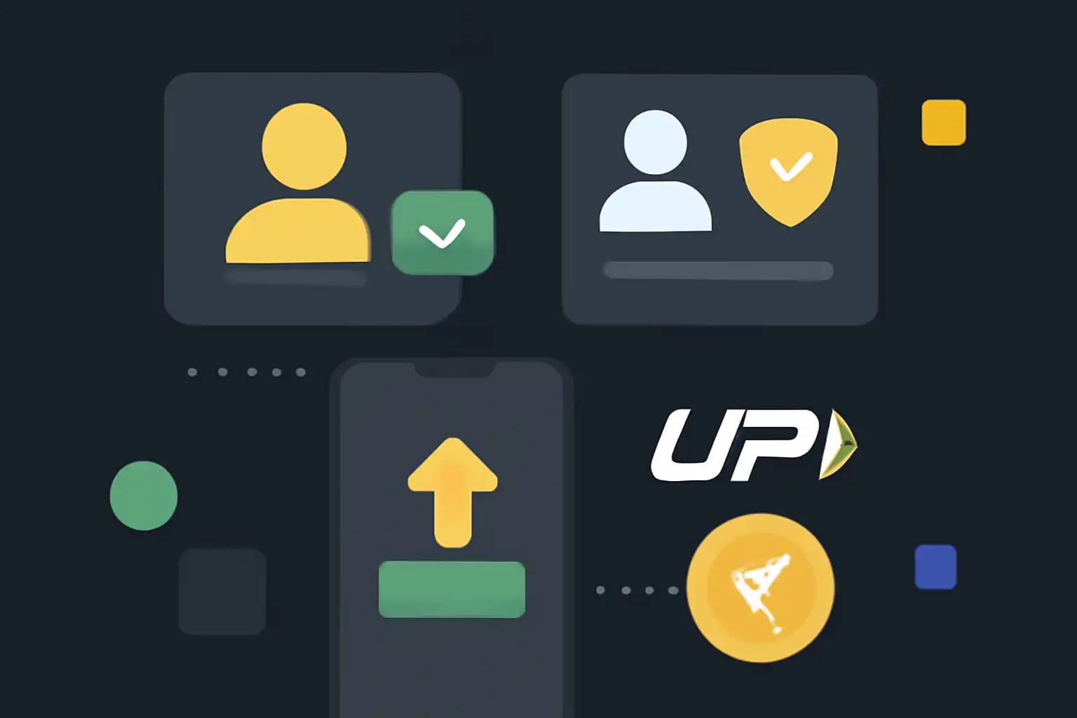 Hero illustration: Registration, KYC and First Deposit via UPI, modern flat design, dark background, brand-neutral, icons and shapes only, no text