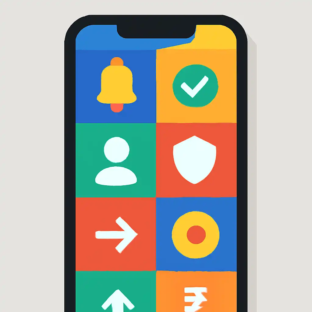 Smartphone shown from the front displaying a colourful flat layout of abstract game icons and rounded tiles (no text, no letters, no labels), Registration, KYC and First Deposit via UPI