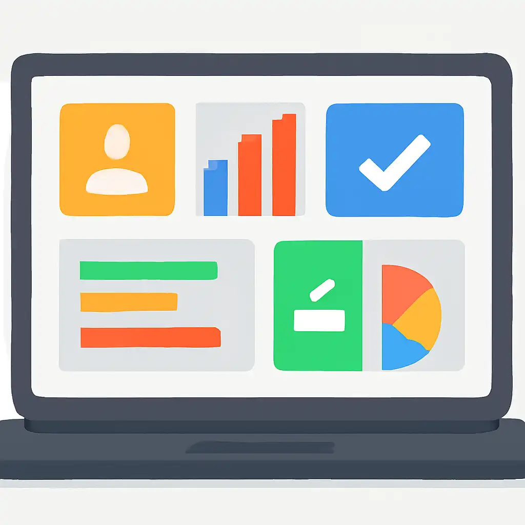 Laptop shown from the front displaying a colourful flat dashboard of abstract charts, bars and icon tiles (no text, no letters, no labels), Registration, KYC and First Deposit via UPI