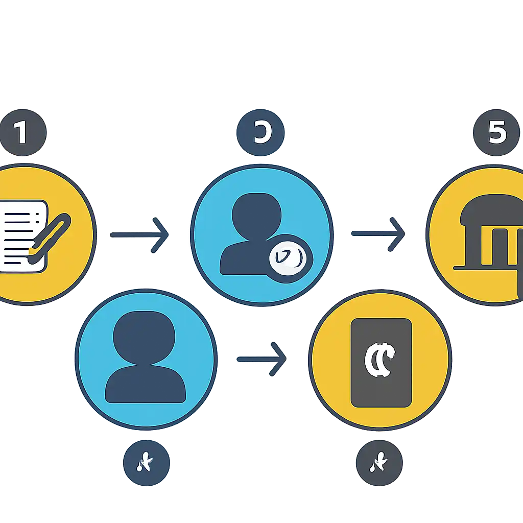 Five numbered circular icons connected by arrows in a horizontal flow, flat illustration, icons only, no words, Registration, KYC and First Deposit via UPI steps