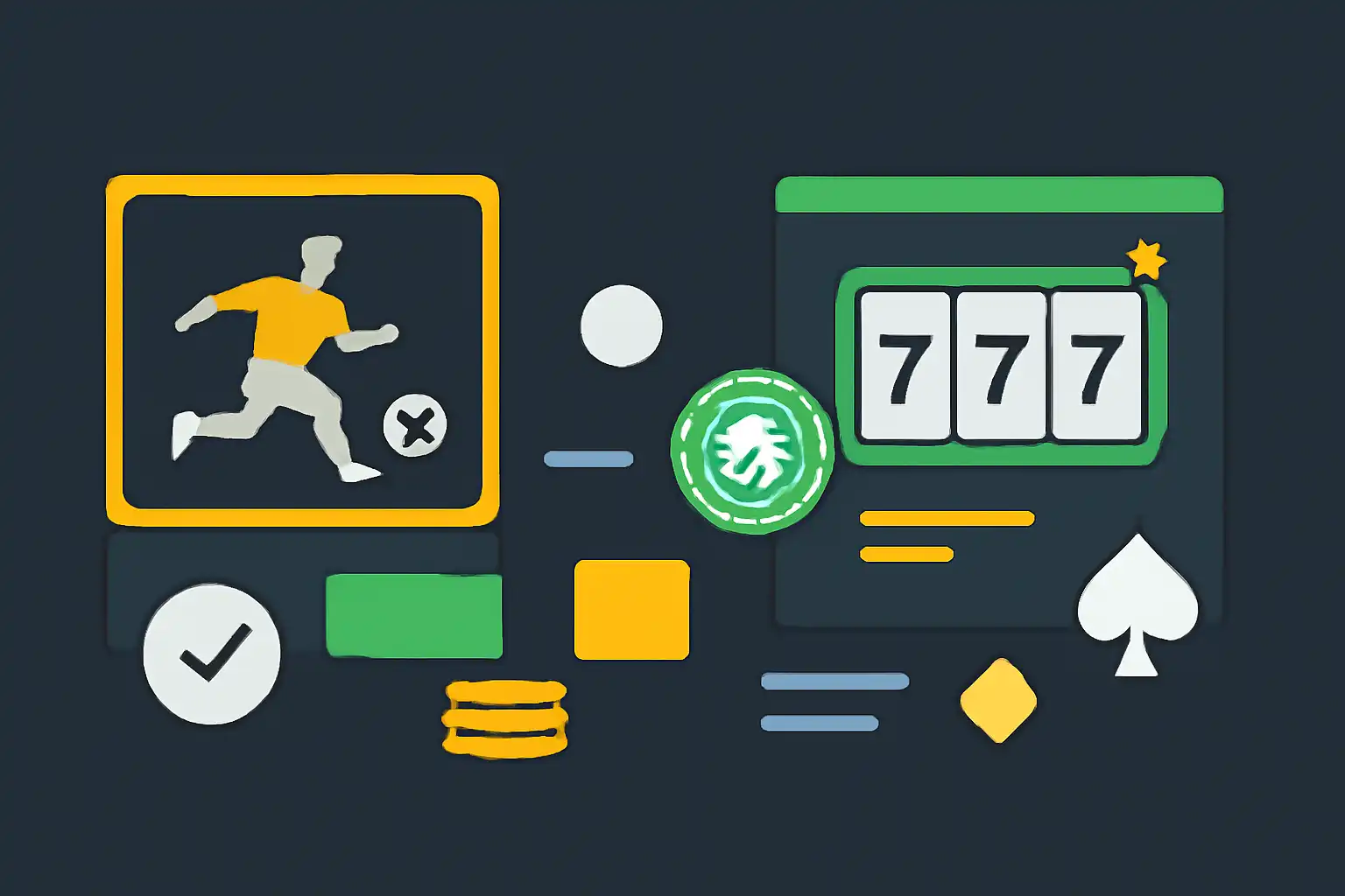 Hero illustration: Sports Betting and Casino Sections Explained, modern flat design, dark background, brand-neutral, icons and shapes only, no text