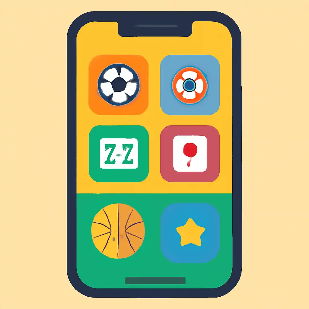 Smartphone shown from the front displaying a colourful flat layout of abstract game icons and rounded tiles (no text, no letters, no labels), Sports Betting and Casino Sections Explained