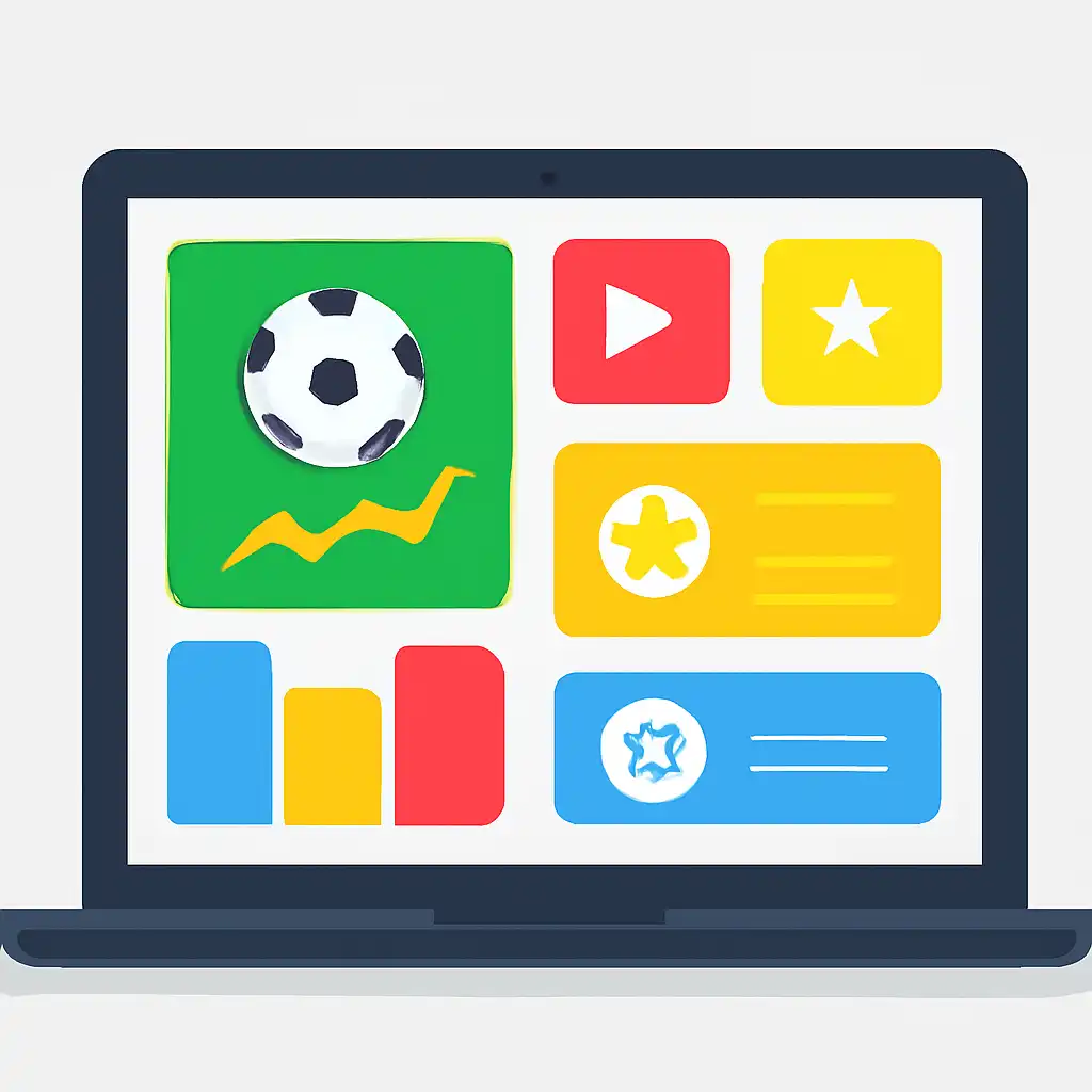 Laptop shown from the front displaying a colourful flat dashboard of abstract charts, bars and icon tiles (no text, no letters, no labels), Sports Betting and Casino Sections Explained