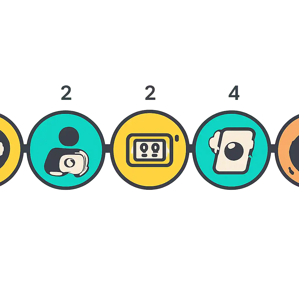 Five numbered circular icons connected by arrows in a horizontal flow, flat illustration, icons only, no words, Sports Betting and Casino Sections Explained steps