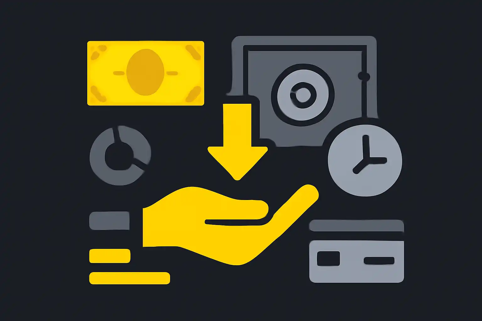 Hero illustration: Withdrawals: Methods, Limits and Timing, modern flat design, dark background, brand-neutral, icons and shapes only, no text