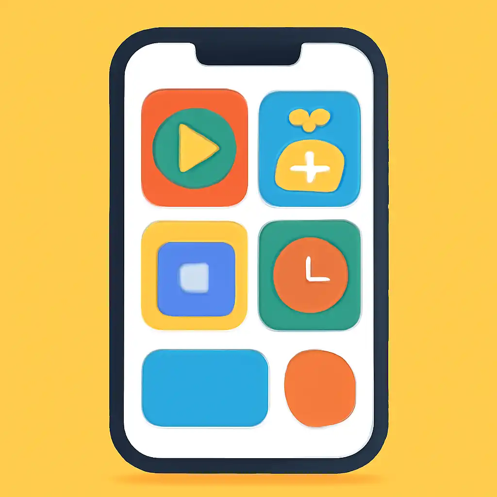 Smartphone shown from the front displaying a colourful flat layout of abstract game icons and rounded tiles (no text, no letters, no labels), Withdrawals: Methods, Limits and Timing