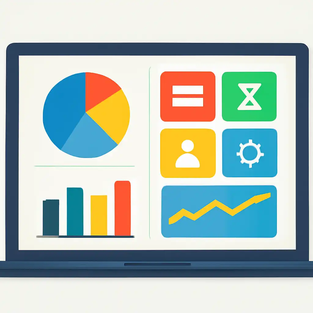 Laptop shown from the front displaying a colourful flat dashboard of abstract charts, bars and icon tiles (no text, no letters, no labels), Withdrawals: Methods, Limits and Timing