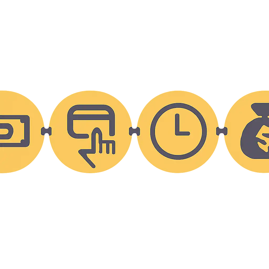 Five numbered circular icons connected by arrows in a horizontal flow, flat illustration, icons only, no words, Withdrawals: Methods, Limits and Timing steps