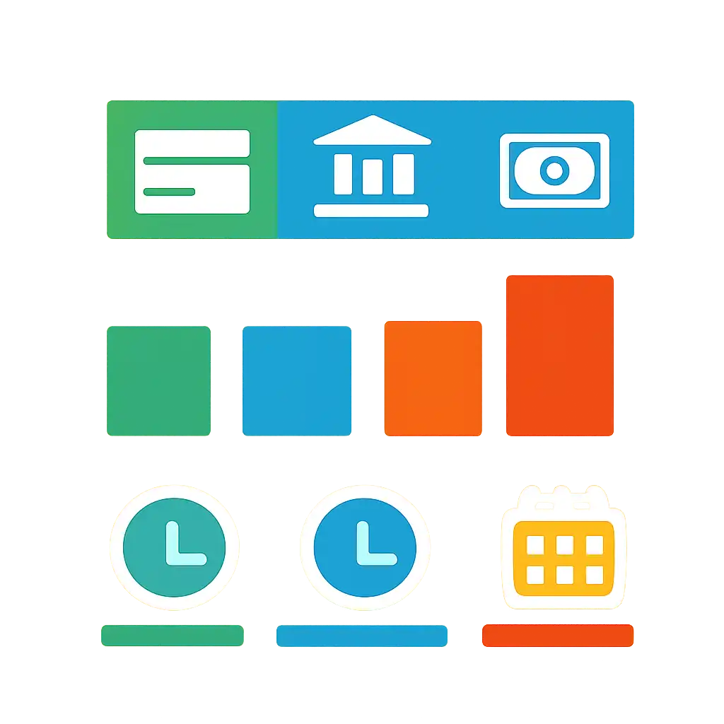 Infographic comparing options using coloured bars and icons only, no text or labels, flat design, Withdrawals: Methods, Limits and Timing