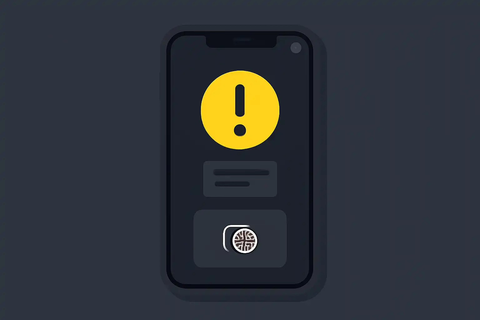 Detail screen: app update problems, mobile-first UI mockup, dark theme
