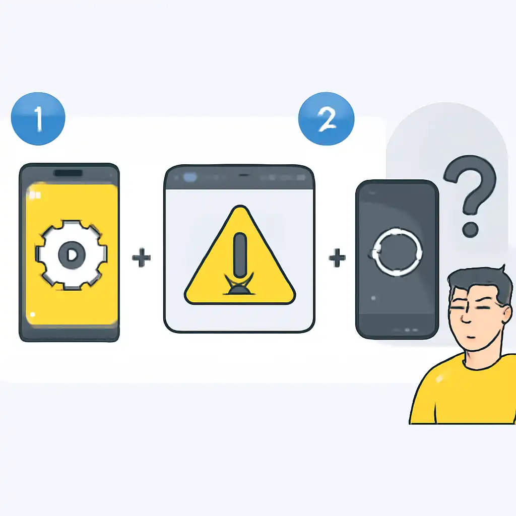 Annotated step diagram: app update problems process with numbered callouts
