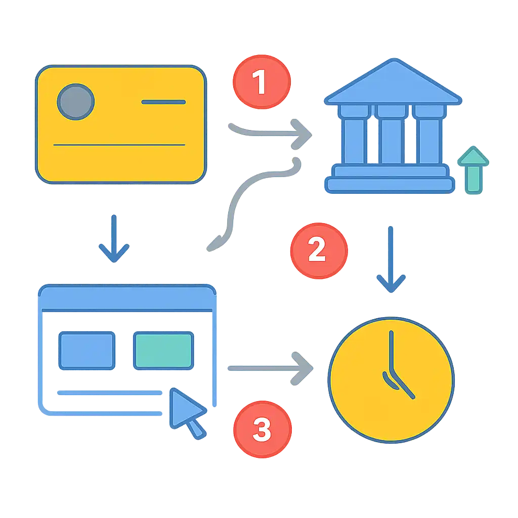 Annotated step diagram: bank transfer times process with numbered callouts